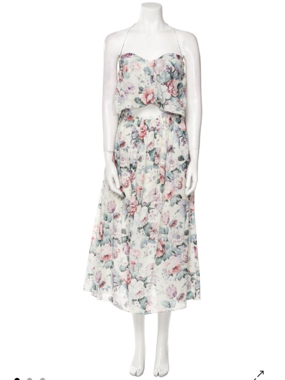 Zimmermann Floral Two-Piece Midi Dress in White with Pink and Green Floral Print